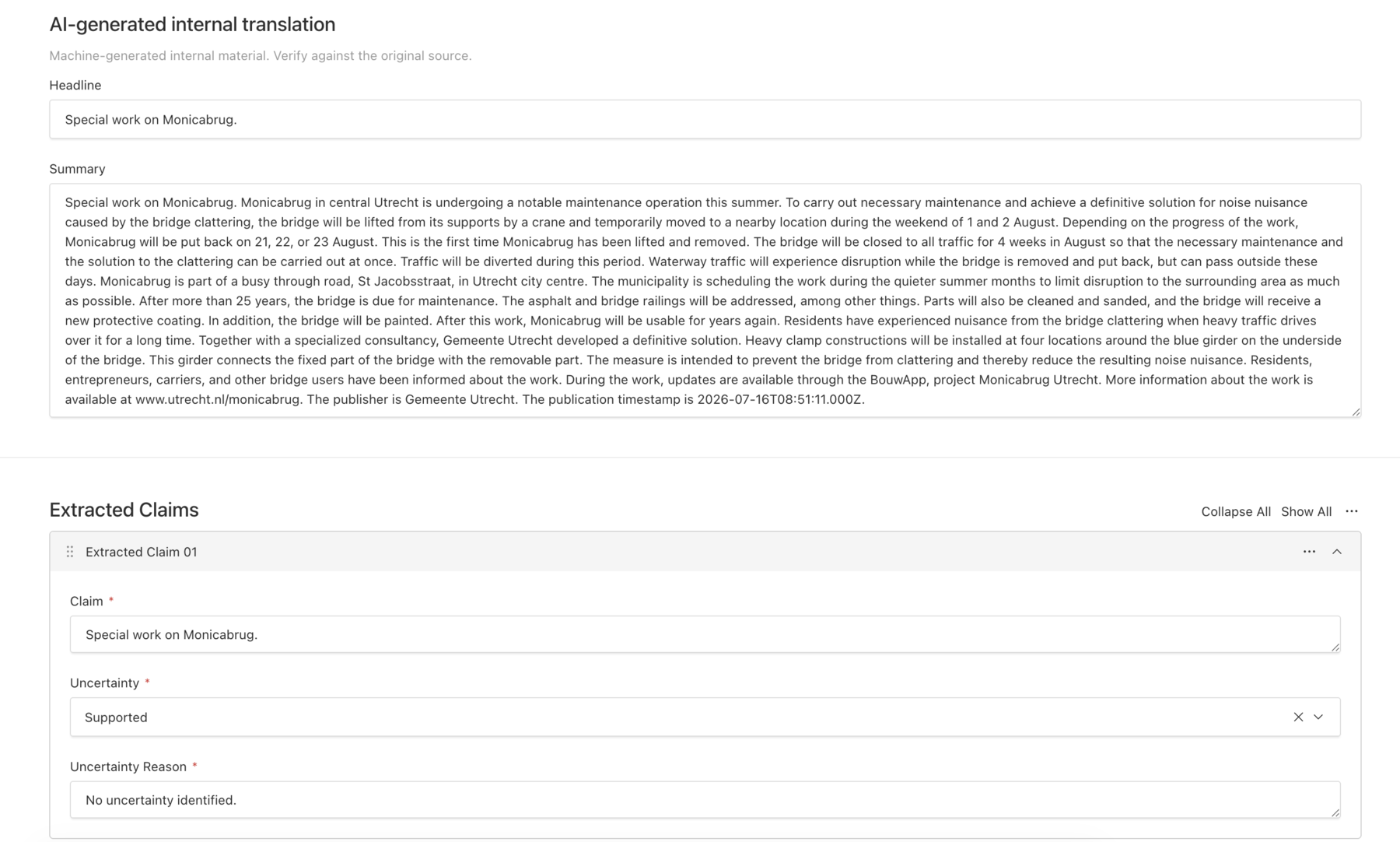 Private newsroom review showing an AI-generated internal translation and extracted claims