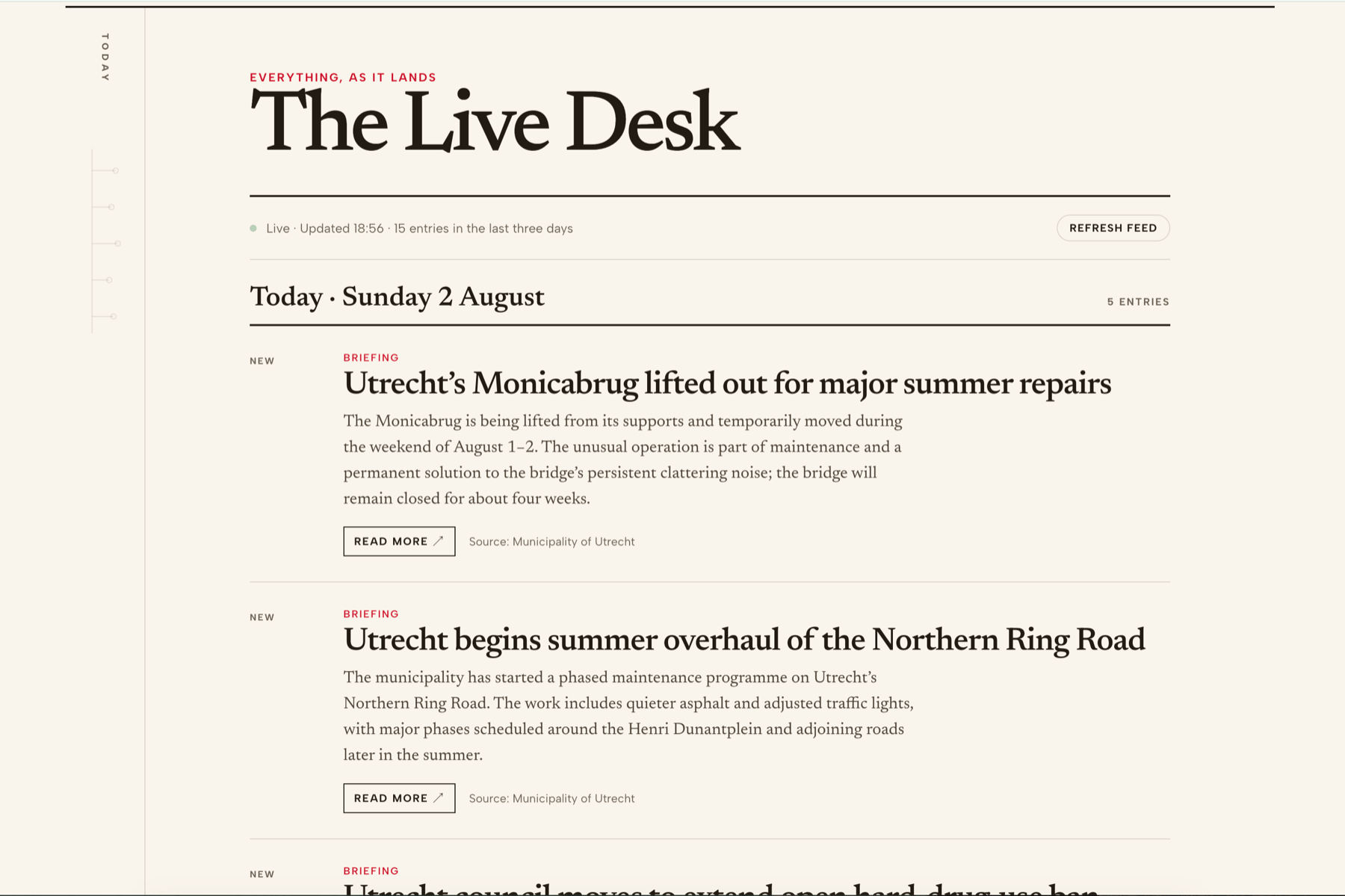 Live Desk stream combining newsroom updates, agenda items, and published stories