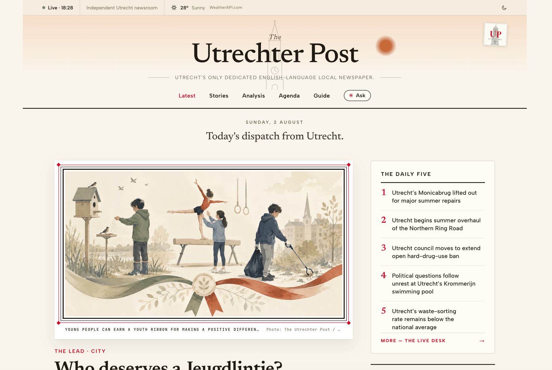 The Utrechter Post homepage with the latest briefing and local stories